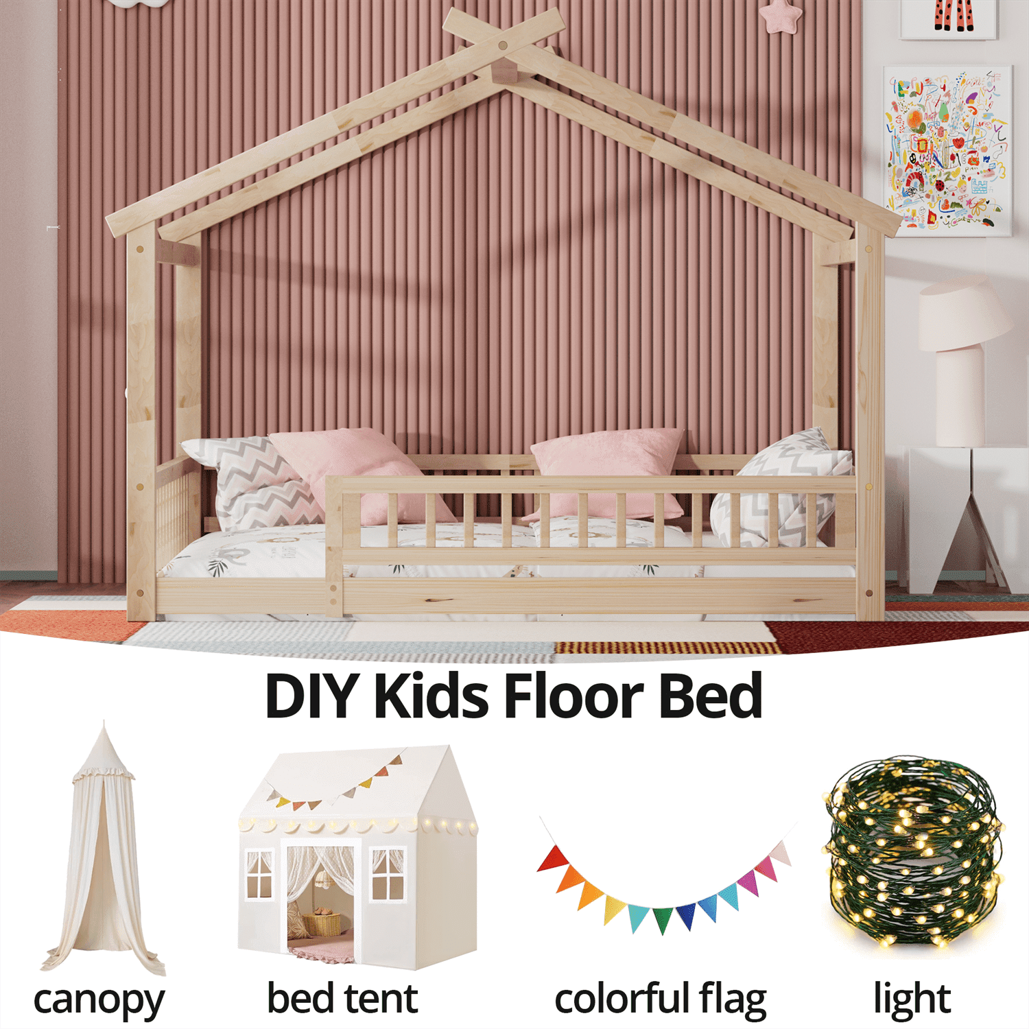 Full Size House Floor Bed with Roof, Wooden Montessori Floor Bed Frame with Safety Fence and Wooden Slats, Montessori House Floor Bed for Boys and Girls, Natural