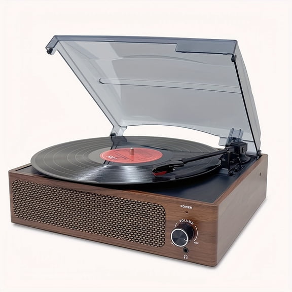 3-Speed Vinyl Record Player with 3.5mm Wired RCA Line-Out, Walnut Wood Turntable, Jacks & Speakers, USB-Powered