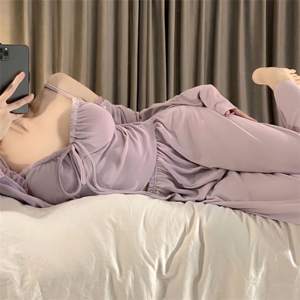Solid Color Pajamas Sets Womens Outfit Strap Top Long Short Pants Sleepwear Suit Girl Spring Summer Comfotable Home Clothing XXL