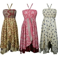 Mogul Womens Silk Sari Halter Dress Recycled Vintage Two Layer Printed Evening Sundress Wholesale Lot Of 3 Pcs