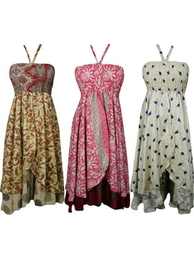 Mogul Womens Silk Sari Halter Dress Recycled Vintage Two Layer Printed Evening Sundress Wholesale Lot Of 3 Pcs