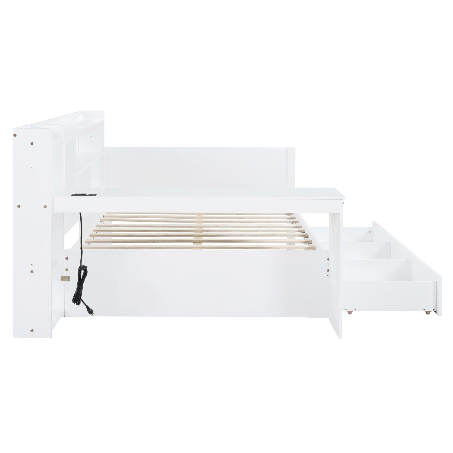 Full Size Wooden Daybed with Desk, USB Ports, 3 Drawers, and Side Storage, Pine Wood Frame, 92.1 in