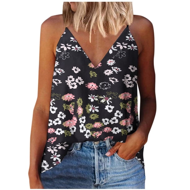 Gibobby Camiseta de tirantes con estampado de camisola para mujer, camiseta, blusa, camiseta sin mangas, cuello en V, tirantes finos(Negro,M)