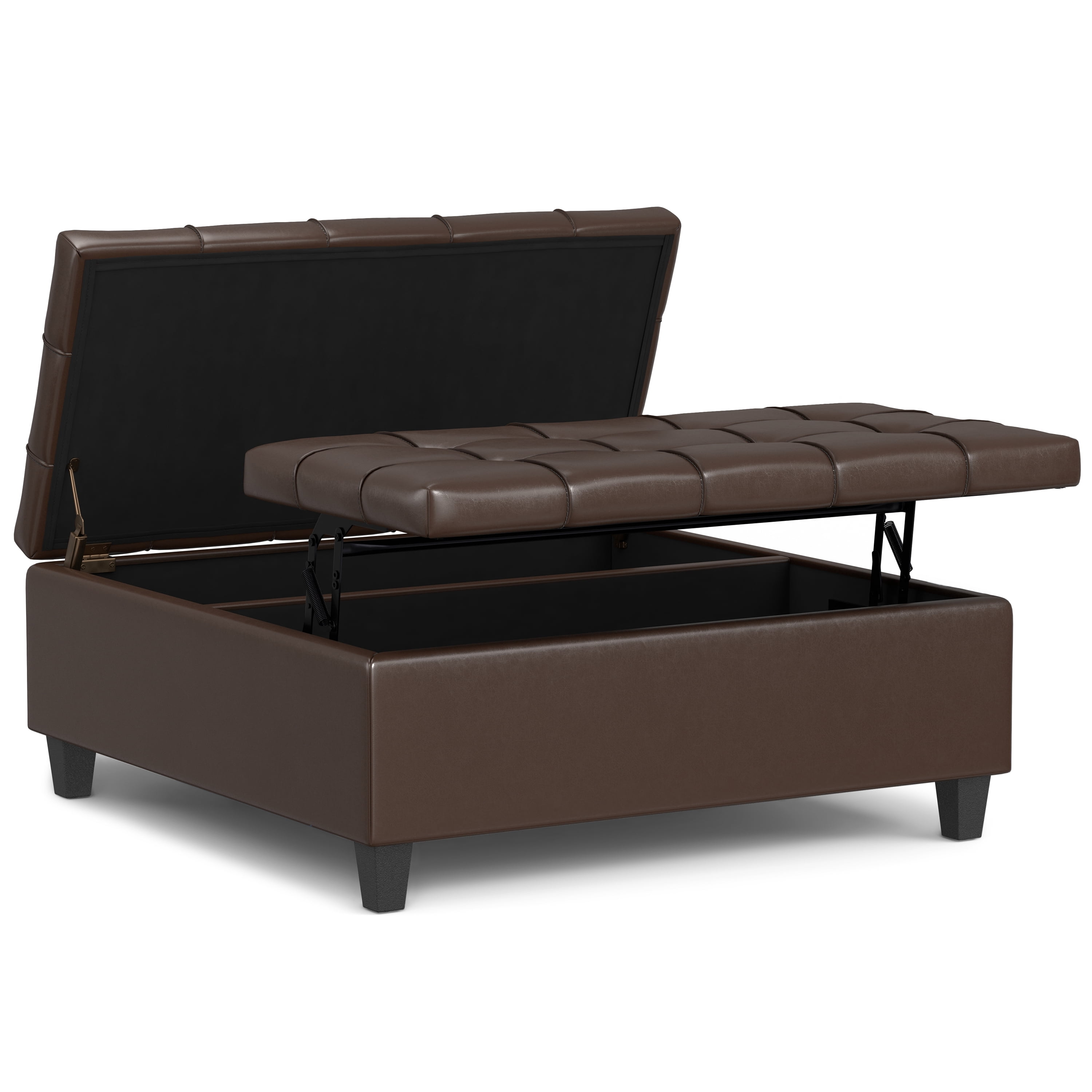 Simpli Home Harrison 40 inch Wide Transitional Square Large Coffee Table Storage Ottoman in Chocolate Brown Vegan Faux Leather