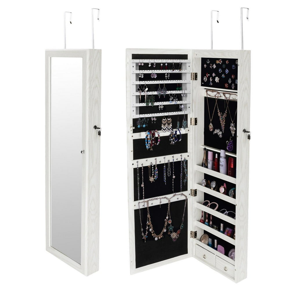 Ktaxon Mirrored Hanging Jewelry Armoire Organizer over Door Wall Mount W/ LED Light