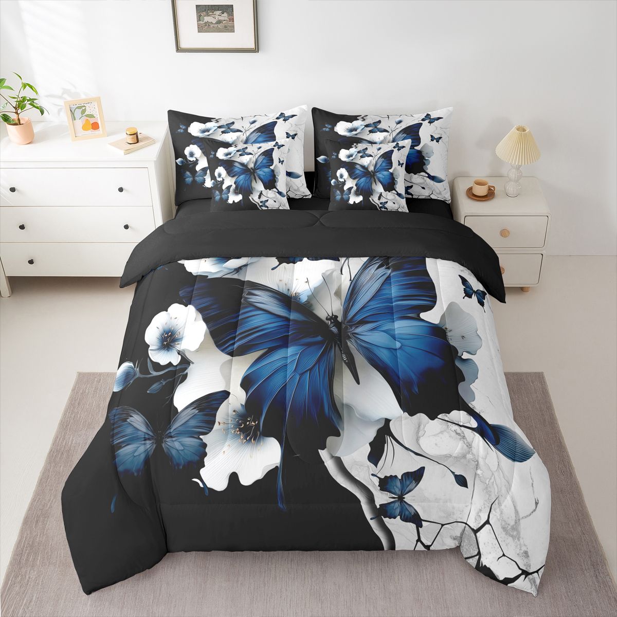 Homewish 3D Cartoon Butterflies 7 Pieces Bedding Comforter Set,Retro Rustic Floral Full Bedding Set,Blue White Black Fitted Sheet Flat Sheet For Girls Teens,Breathable Home Decor Reversible
