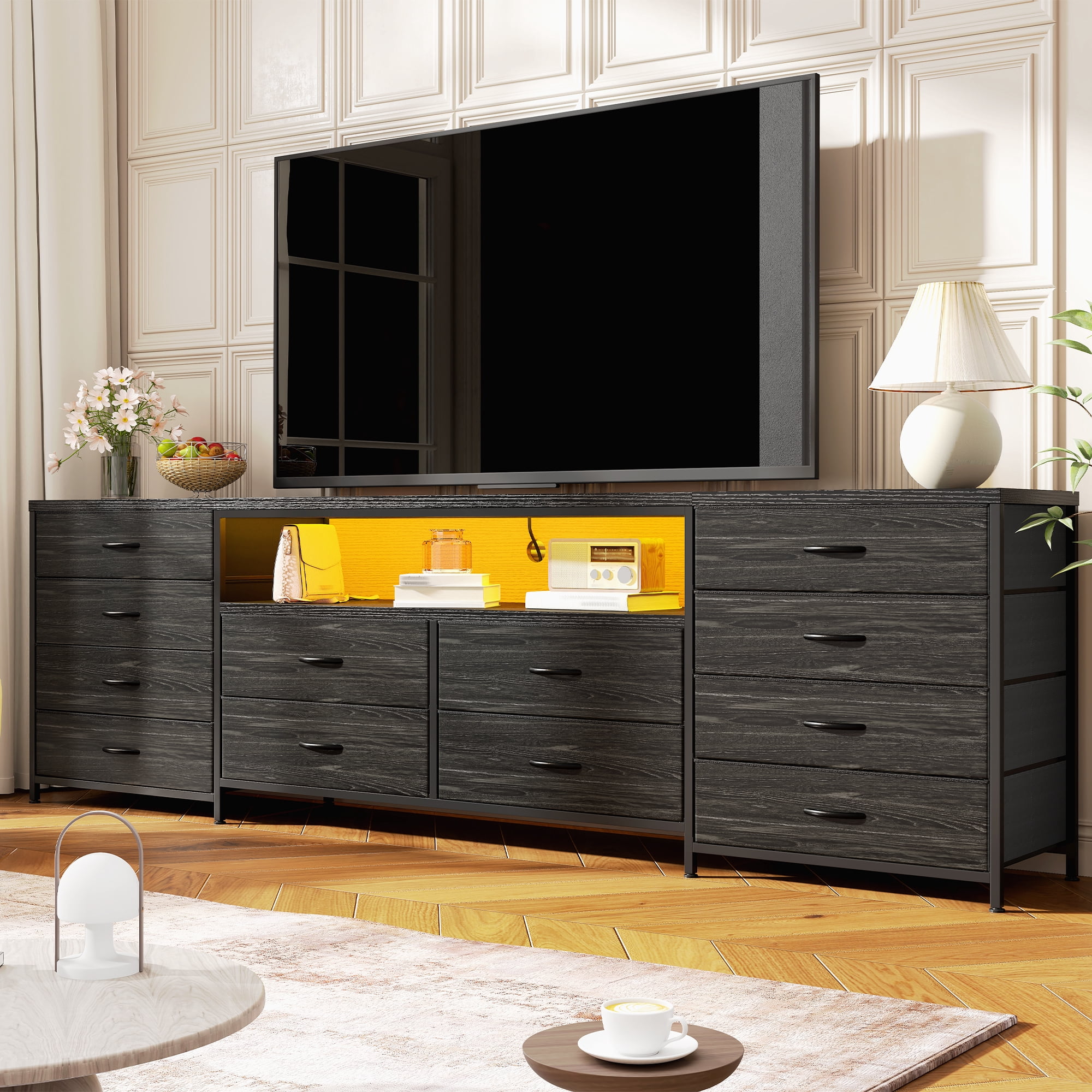 63" W 12-Drawers Dresser TV Stand for 65/70/75 Inch TVs, Black Entertainment Center with LED Lights & Power Outlets,Fabric Drawers for Bedroom,Living room