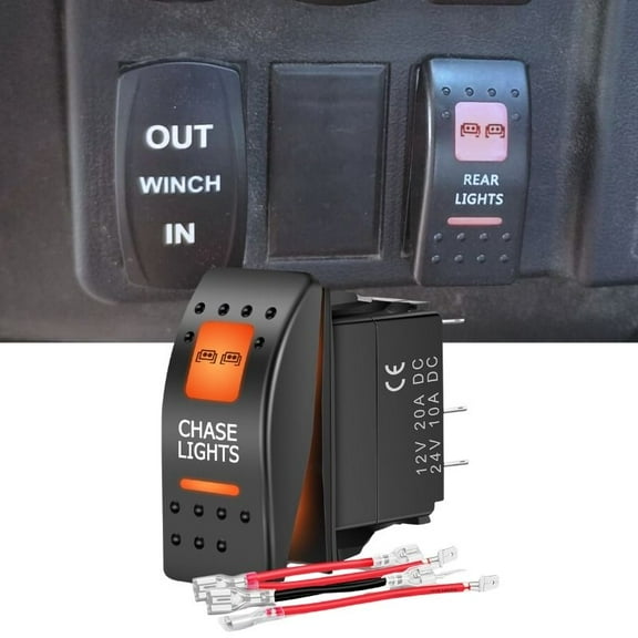 Rocker Light Switch 12V 24V LED Light Bar Rock Light Switch SPST ON Off 5 Pin Rocker with Jumper Wires Orange Backlit for UTV Marine Truck Jeep ATV Boat