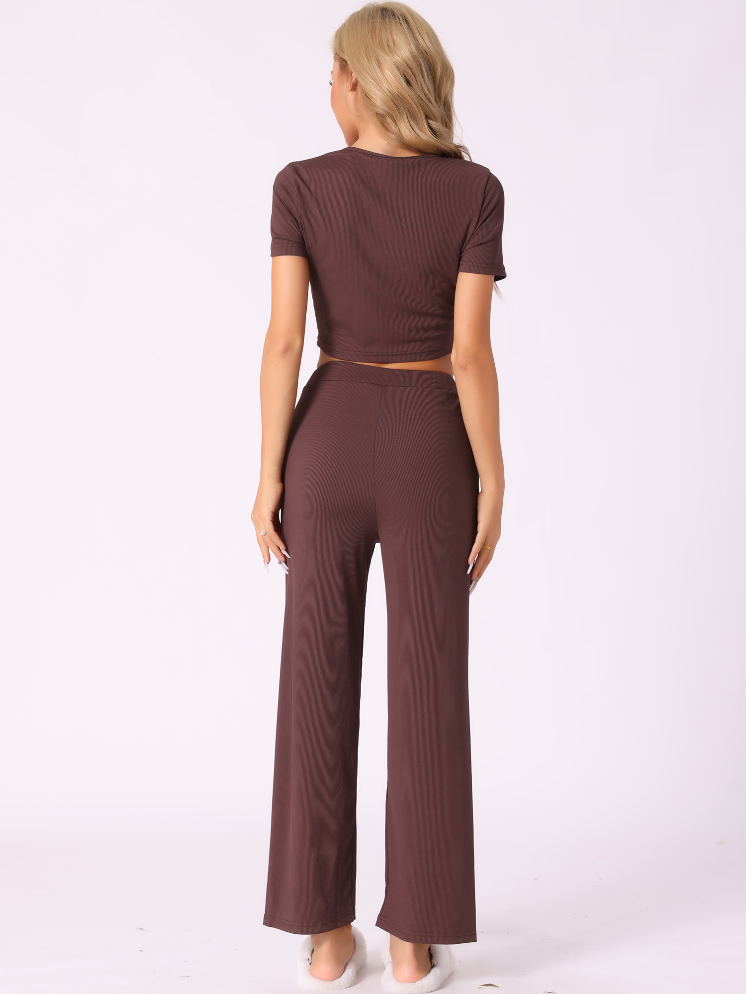 DARING DIVA Women's Short Sleeve Crop Top and Pants Pajama Set M Brown