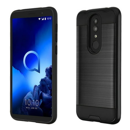 ALCATEL 1X [2019] Phone Case Heavy Duty Metallic Brushed Slim Hybrid Shock Proof Dual Layer Armor Defender Protective TPU Rubber Anti-Slip Design Cover BLACK Thin Case Cover for Alcatel 1X /