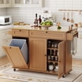 thumbnail image 2 of Garvee 55" Mobile Island Table with Drop Leaf, Kitchen Rolling Island with Spice Rack & Towel Rack, Knife Holder, Kitchen Island Cart with Trash Storage Cabinet for Home Office Brown, 2 of 7
