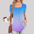 thumbnail image 2 of Womens Flowy Tunic Tops Gradient Color Trendy Pleated T-Shirts Square Neck Short Sleeve Colorblock Summer Tee (XL, Blue), 2 of 5