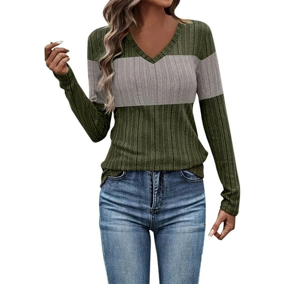 Tisuna Fall T-Shirts For Women Cozy Color Block V Neck Tops Ladies Daily Wear Outfits Size L