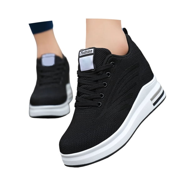 Women's Platform Hidden Wedge Sneakers Breathable Lightweight Lace Up High Heel Walking Shoes with Arch Support Non-Slip Fashion Height-Increasing Sneakers