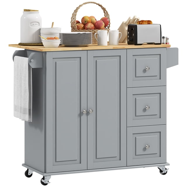 Grey Kitchen Island on Wheels with Drop Leaf & Storage - Kitchen Cart with Drawers, Spice Rack, Adjustable Shelf - 45.3" x 25.2"
