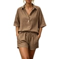 thumbnail image 2 of Mifsaly Short Outfits for Women 2 Piece Sets Short Sleeve Button Down Henley Shirts and Drawstring Shorts Casual Summer Beach Vacation Lounge Matching Clothes Coffee,XL, 2 of 9