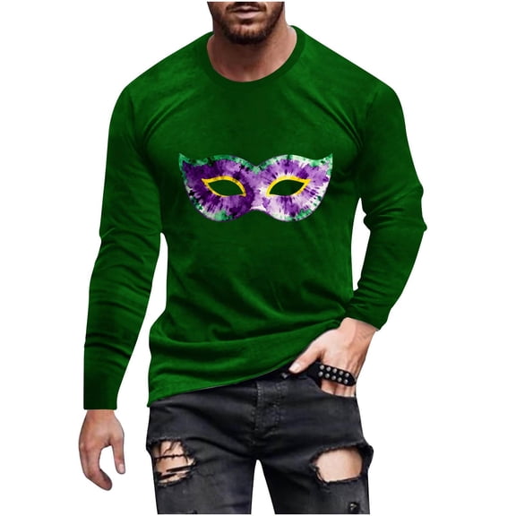 Men's Mardi Gras Mask Print Long Sleeve T-Shirt Slim Fit Round Neck Leisure Tops