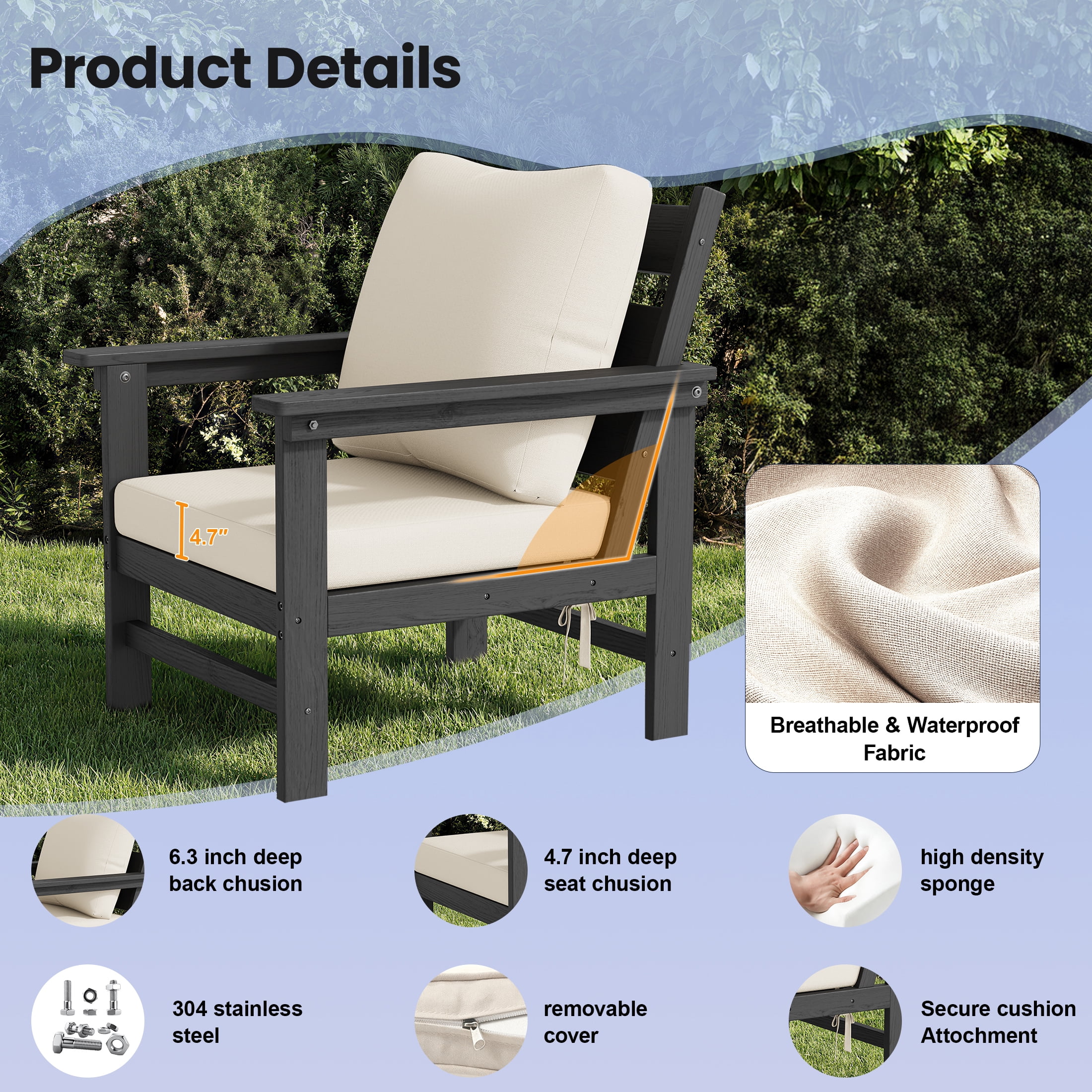 UDPATIO HDPE Patio Conversation Set, 6-Piece Sectional Outdoor Furniture Set, All-Weather Outdoor Couch Set for Deck, Lawn, Grey Frame with Beige Cushion