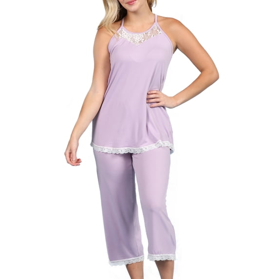 Doublju Women's Sleeveless Racerback Lace Capri Pajama 2 Pcs Set (Plus Size Available)
