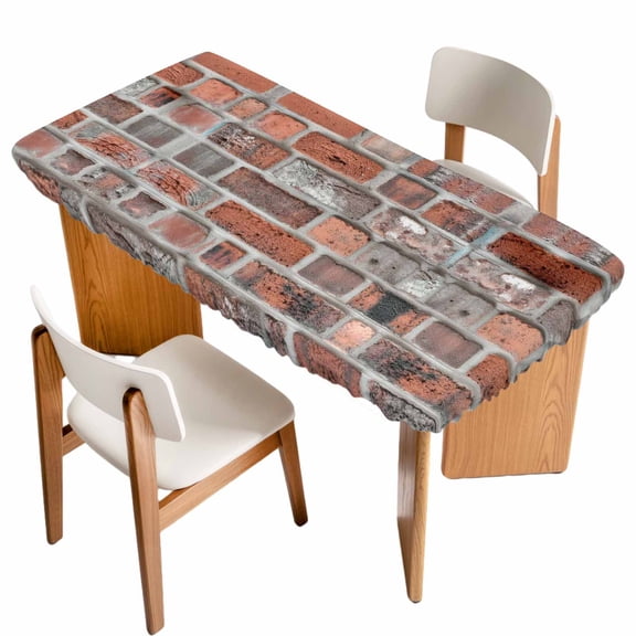 Red Brick Wall Table Cloths for 6 Foot Rectangle Tables, Vintage Farmhouse Stone Rocks Geometric Print Patio Waterproof Elastic Fitted Tablecloths, Washable Rectangular Table Cover for Camping