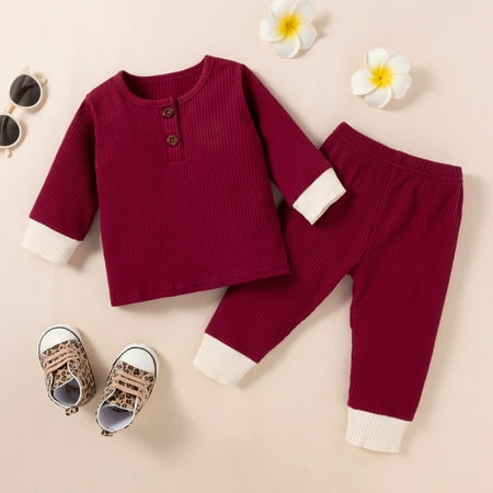 

Hunpta Infant Baby Girls Boys Clothes Solid Ribbed Long Sleeve T-Shirt Tops Long Pants Winter 2PCS Outfits Set
