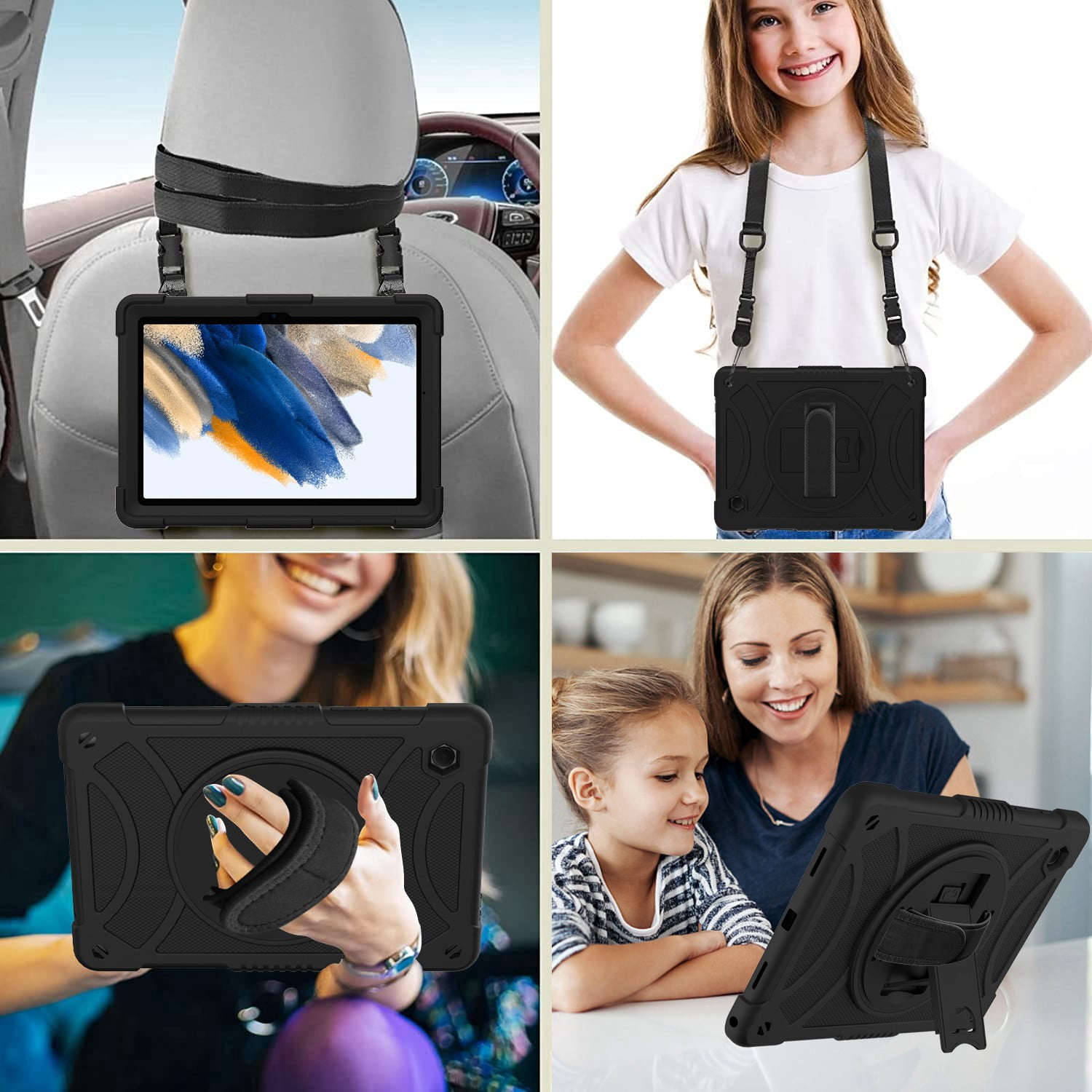 For Apple iPad 9th /8th /7th Gen 10.2 inch 3-in-1 Tough Hybrid Shockproof Protector Silicone TPU with Pencil Holder, Kickstand, Hand & Shoulder Strap Case Cover [Black]