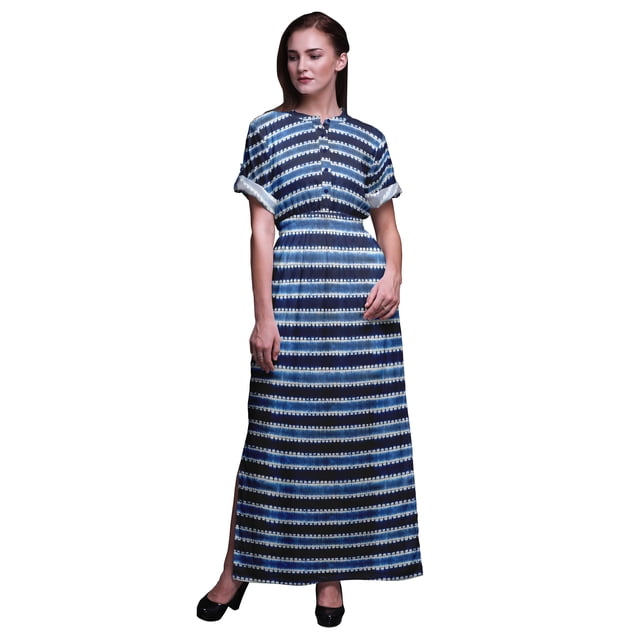 Bimba Robe Maxi à Rayures en Rayonne Shibori Taille Smockée Imprimée Fendue sur le Côté pour Femmes-TTTG