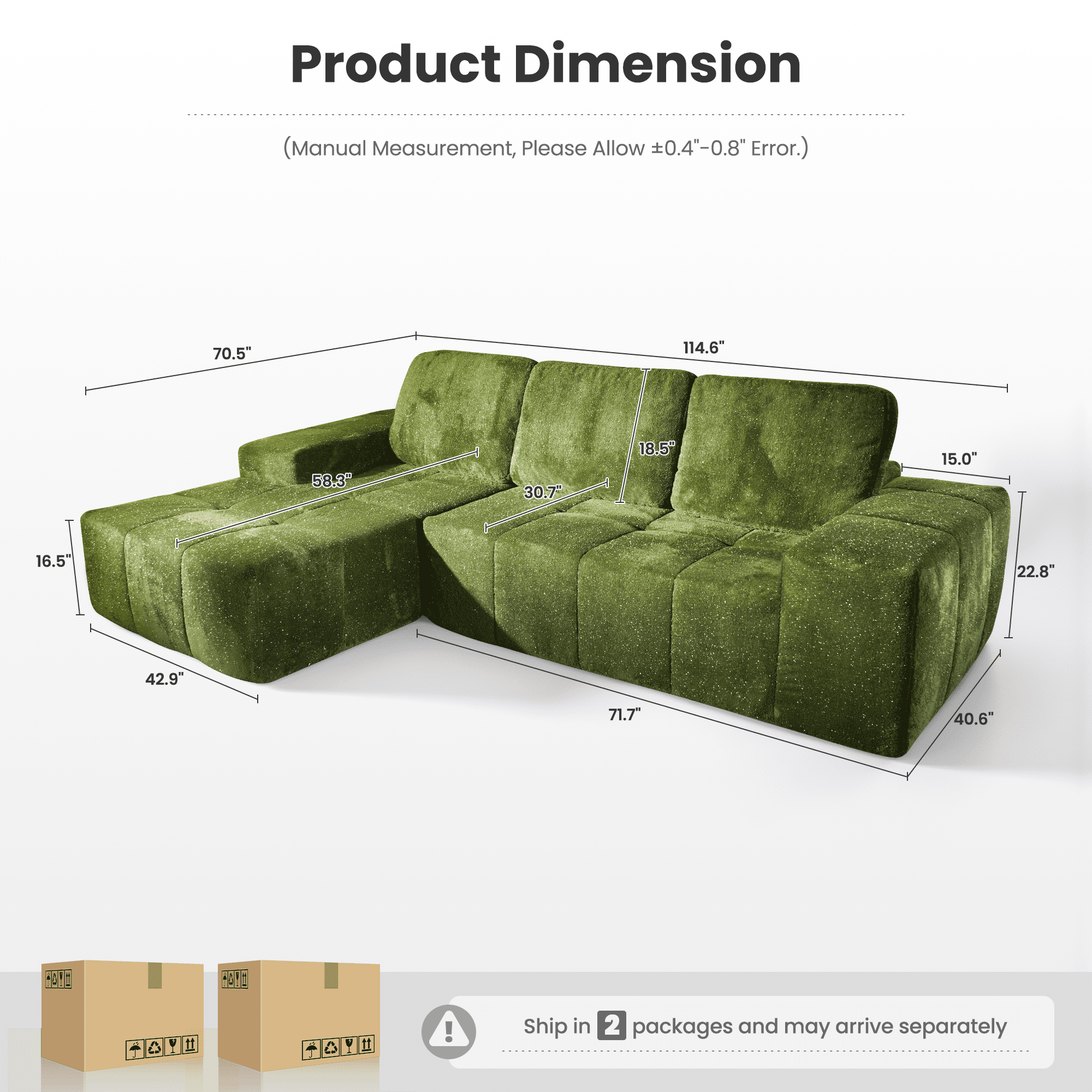 Ovios 116" L-Shaped Sectional Sofa Modern Modular Cloud Couch with Deep Seating Upholstered Sofa for Living Room Bedroom, No Assembly Required, Green (Starry Sky)