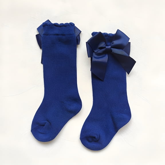 TELOLY Children's Socks Big Bows Girls Knee High Socks Cute Baby Toddler Infant Long Tube Socks Kids Princess Sock High Quality Navy Blue L (3 To 5 Years)