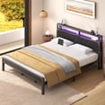 thumbnail image 4 of King Bed Frame with LED and Charging Station, Metal Platform Bed with Storage Headboard, Black, 4 of 11