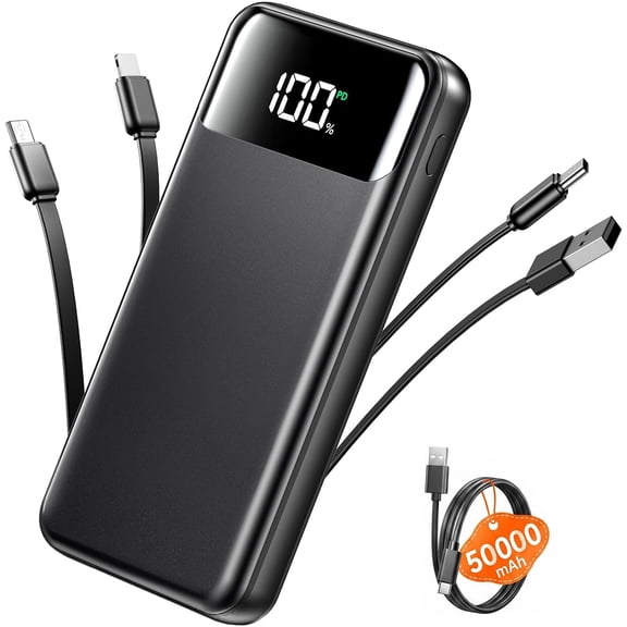Portable Charger, 50000mAh Power Bank with Built in Cables, 22.5W Fast Charging Battery Pack, Portable Phone Charger for Travel Camping Essential,PowerBank Compatible with iPhone 17/16/15/14,