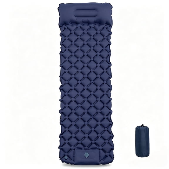Ultralight Camping Sleeping Pad with Pillow - Inflatable Mattress for Tent, Built-in Foot Pump, Compact for Backpacking & Hiking, Navy Blue