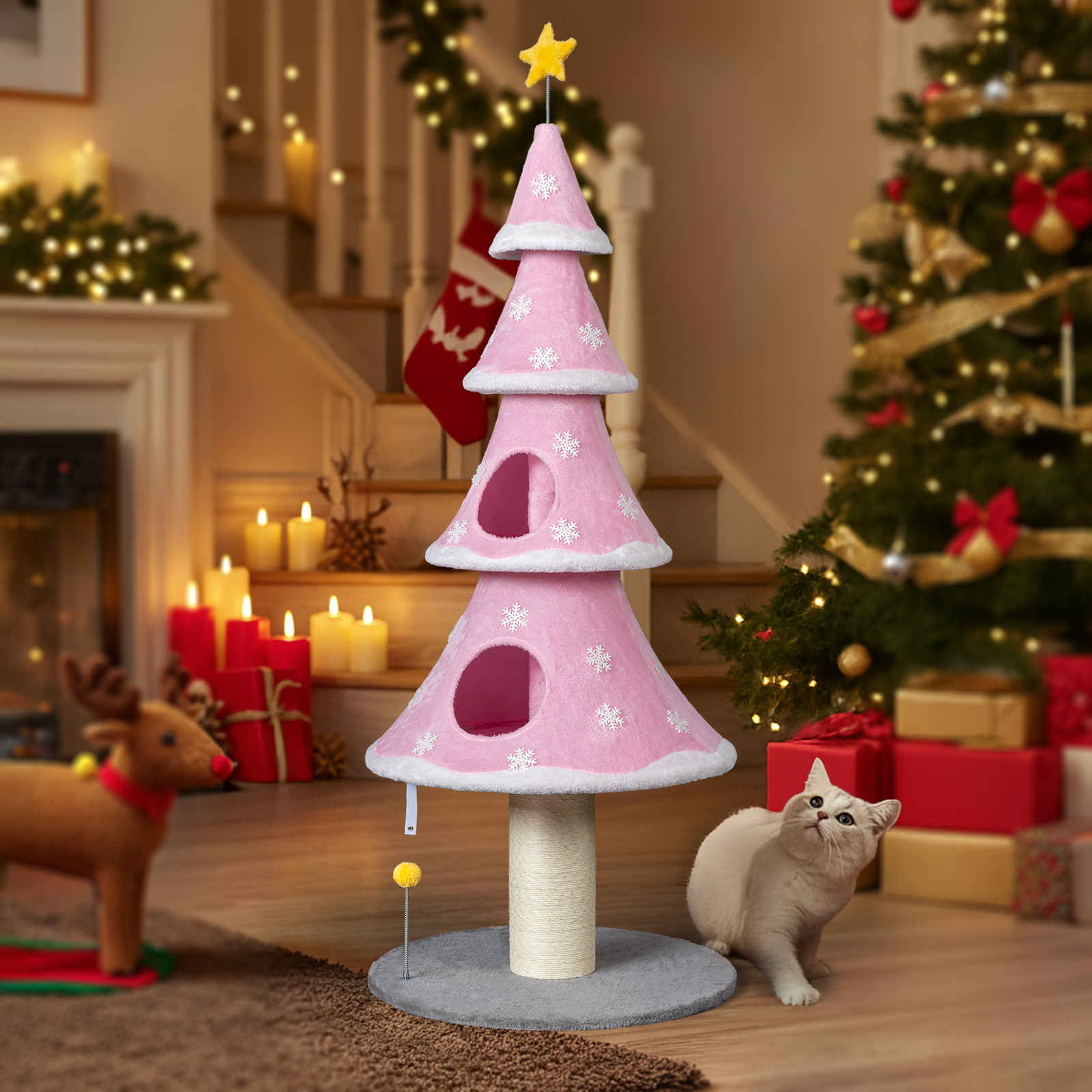 Ktaxon 59in Large Christmas Tree Cat Tower with 2 Condos, Scratching Post, Soft Fleece, Teaser Toy & Sturdy Base, Pink