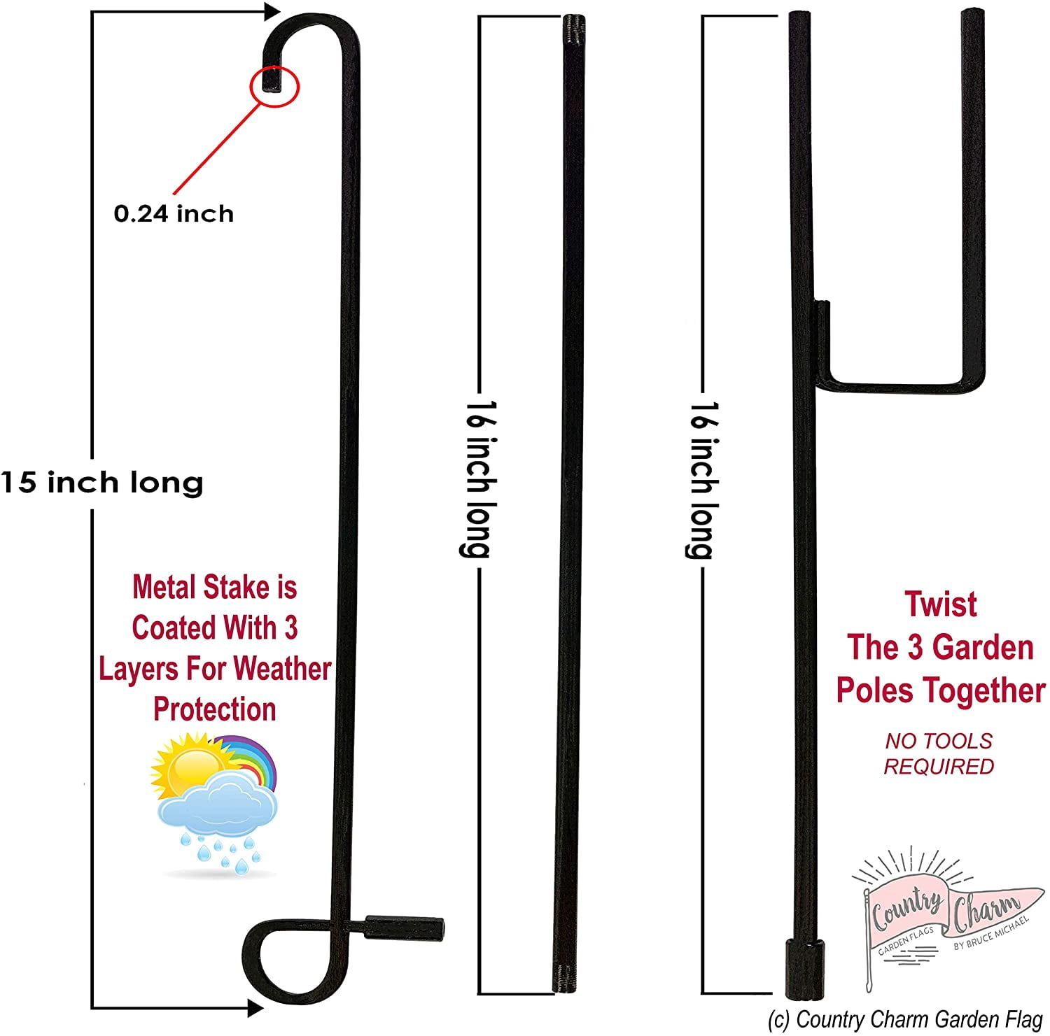 Country Charm Garden Flags (Set of 10)  12"W x 18"L Double Sided Flags for Outdoors with Black Garden Holder 34"L x 17"W