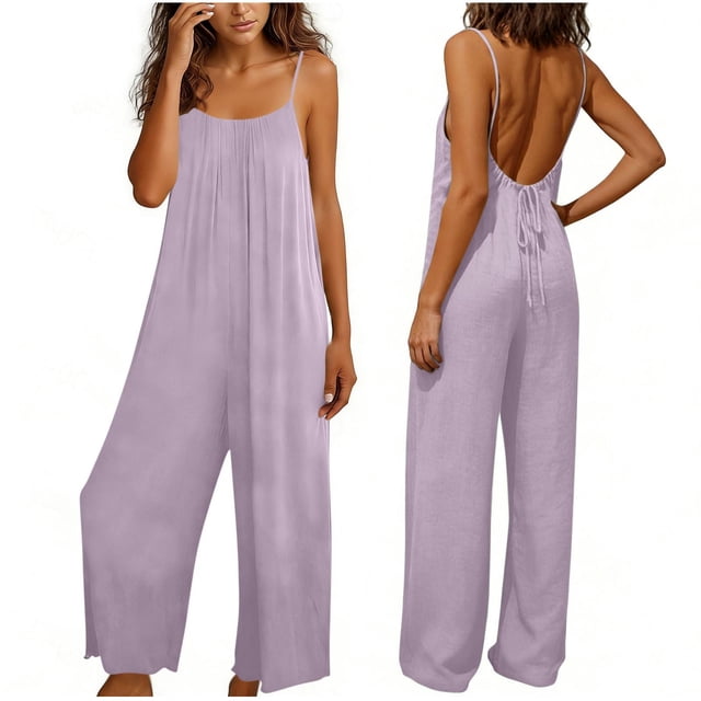 TaTaai Women Fashion Solid Color Backless Cami Jumpsuit Long Cotton Linen Casual Wear Ladies Fitness Daily Lounge Wear Breathable No Fading Versatile Outfit Gift
