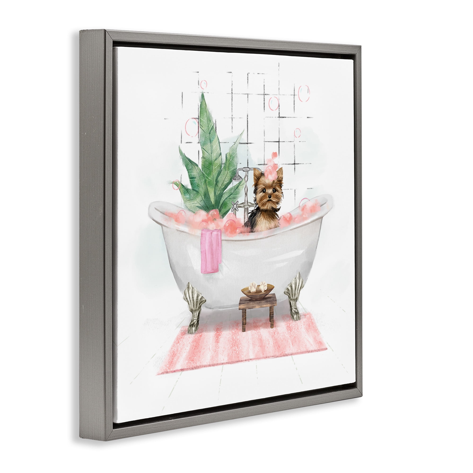 Stupell Industries Chic Yorkie Dog in Bubble Bath Animals & Insects Painting Gray Floater Framed Canvas Art Print Wall Art, 25 x 25