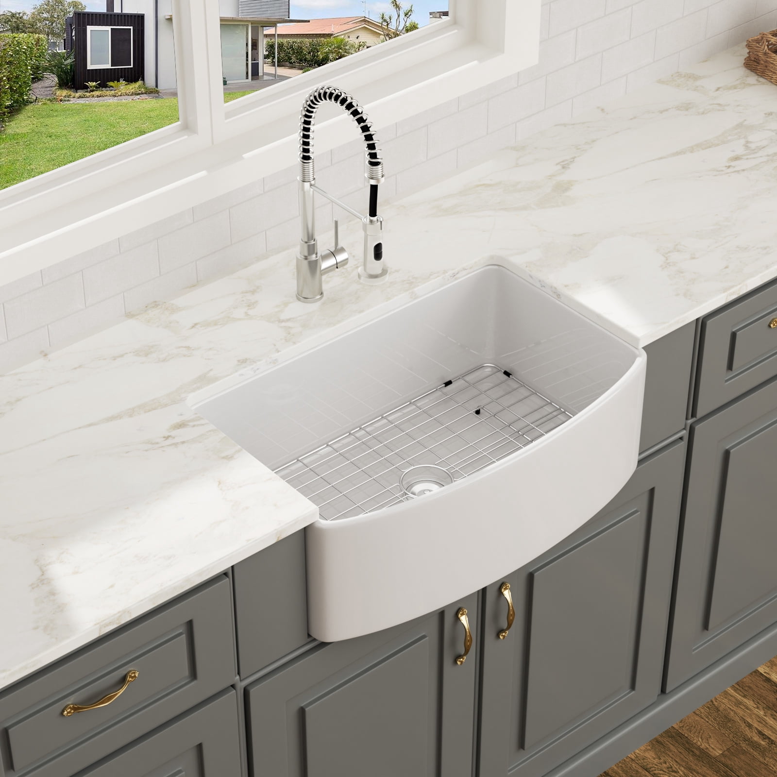 30"x19" Arc-shaped Fireclay/Creamic Single Bowl Farmhouse Apron Kitchen Sink with Bottom Grid and Drain Strainer