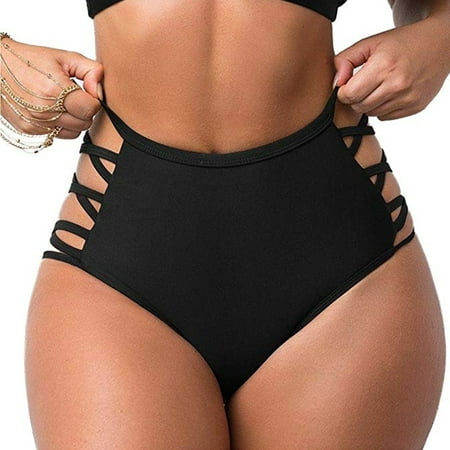 FITTOO Sexy Women's Swimwear Bikini Retro High Waisted Strappy Brief Bottom Solid Color (Best Full Coverage Bikini Bottoms)