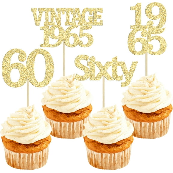 12pcs 60th Birthday Cupcake Toppers Cheers to 60 Fabulous Sixty Cupcake Picks Vintage 1965 Decorations for 60th Birthday Wedding Anniversary Party Cake Decorations Supplies Gold