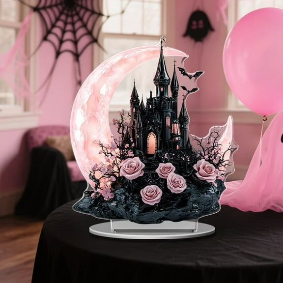 Acrylic Castle Ornament under $5! CQCYD Halloween Black Castle 2D Acrylic Ornament, Tabletop Decor for Living Room and Shelf, Festival Themed Display for Home and Party