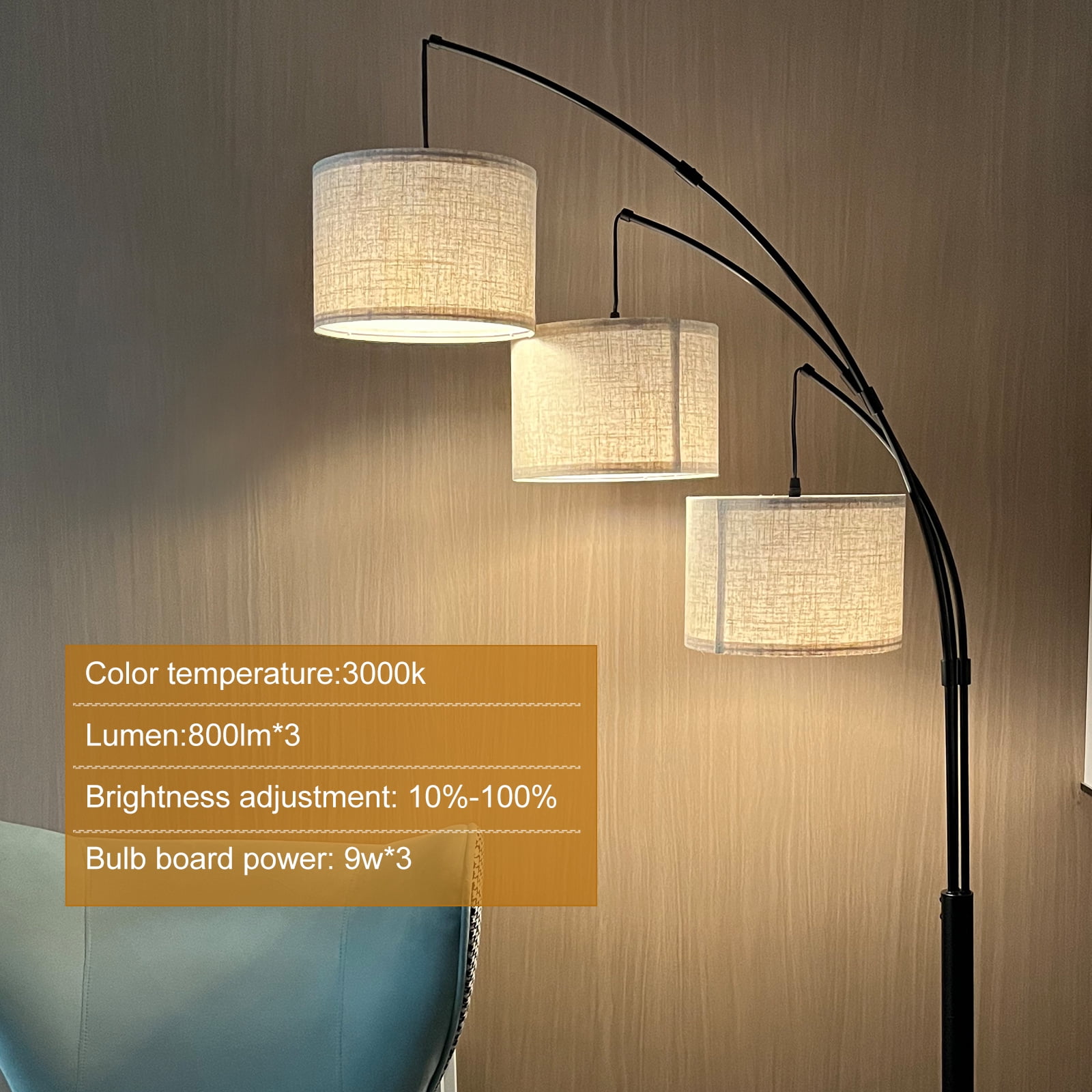 Anrotix Dimmable Arc Floor Lamp with 3 LED bulb Rotary Switch Modern Tall Standing Lamp Beige Shades