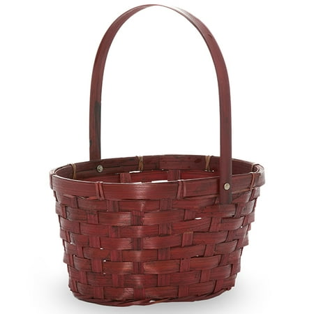 Wide Oval Composite Bamboo - Red Swing Handle Oval Bamboo Basket 8in