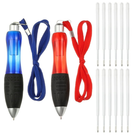 2 Pcs Uxcell Big Fat Pens, Blue, Red Heavy Weighted Ballpoint Pen Retractable Wide Grip Thick Pen with Strap for Hand Tremors Elderly Handicap(6 Black Refills   6 Blue Refills)