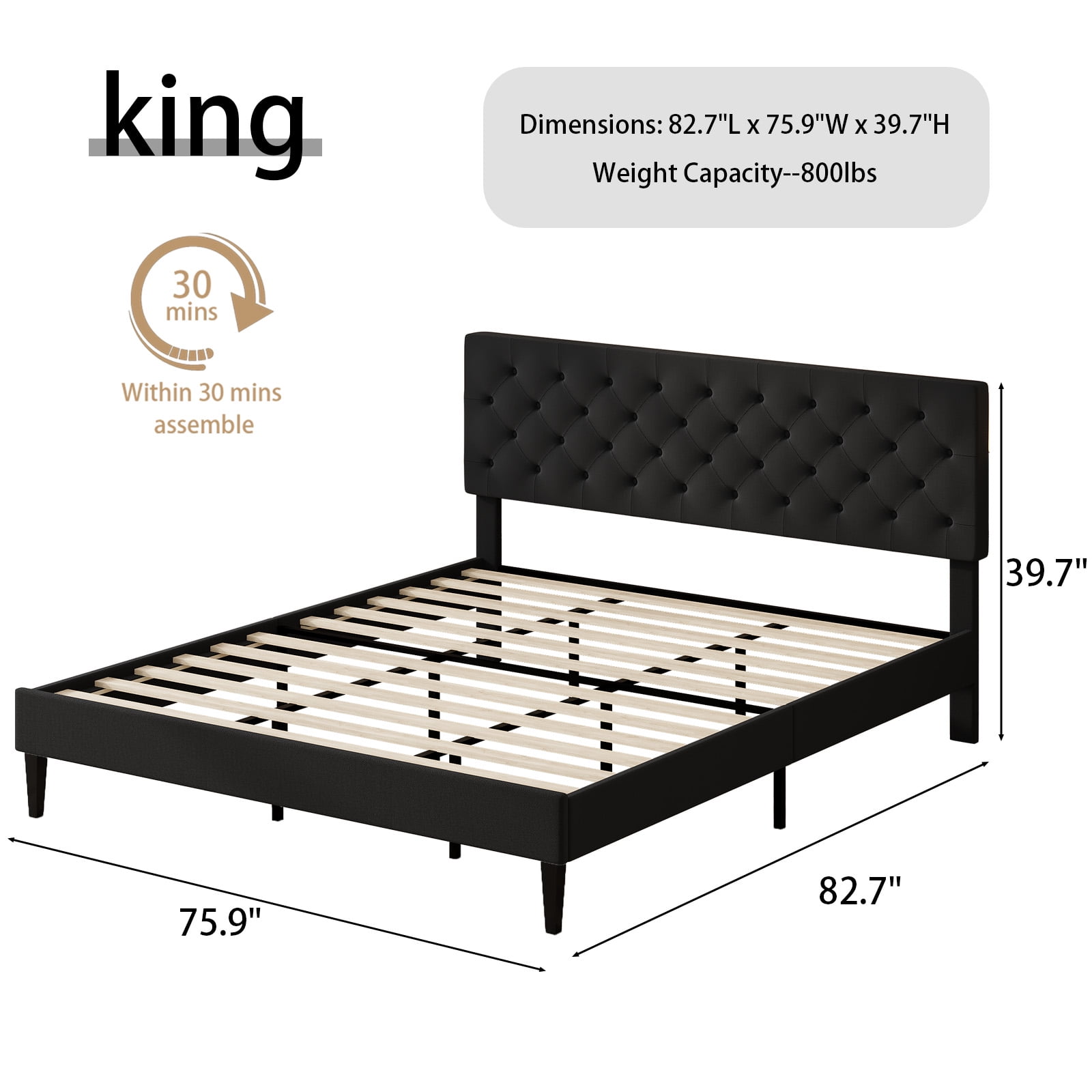 4 Ever Winner King Size Upholstered Platform Bed Frame with Headboard, Black