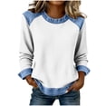 thumbnail image 3 of TaTaai Fashion Casual Women Top Denim Patchwork Waffle Solid Color Crew Neck Long Sleeve Loose Fit Soft Breathable Daily Street Office Wear Blouse Gift, 3 of 6