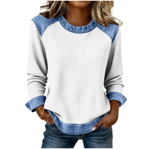 Camisetas de Manga Larga para las Mujeres Loose Fit Color Sólido Blusa de Cuello Redondo Top Suave Casual