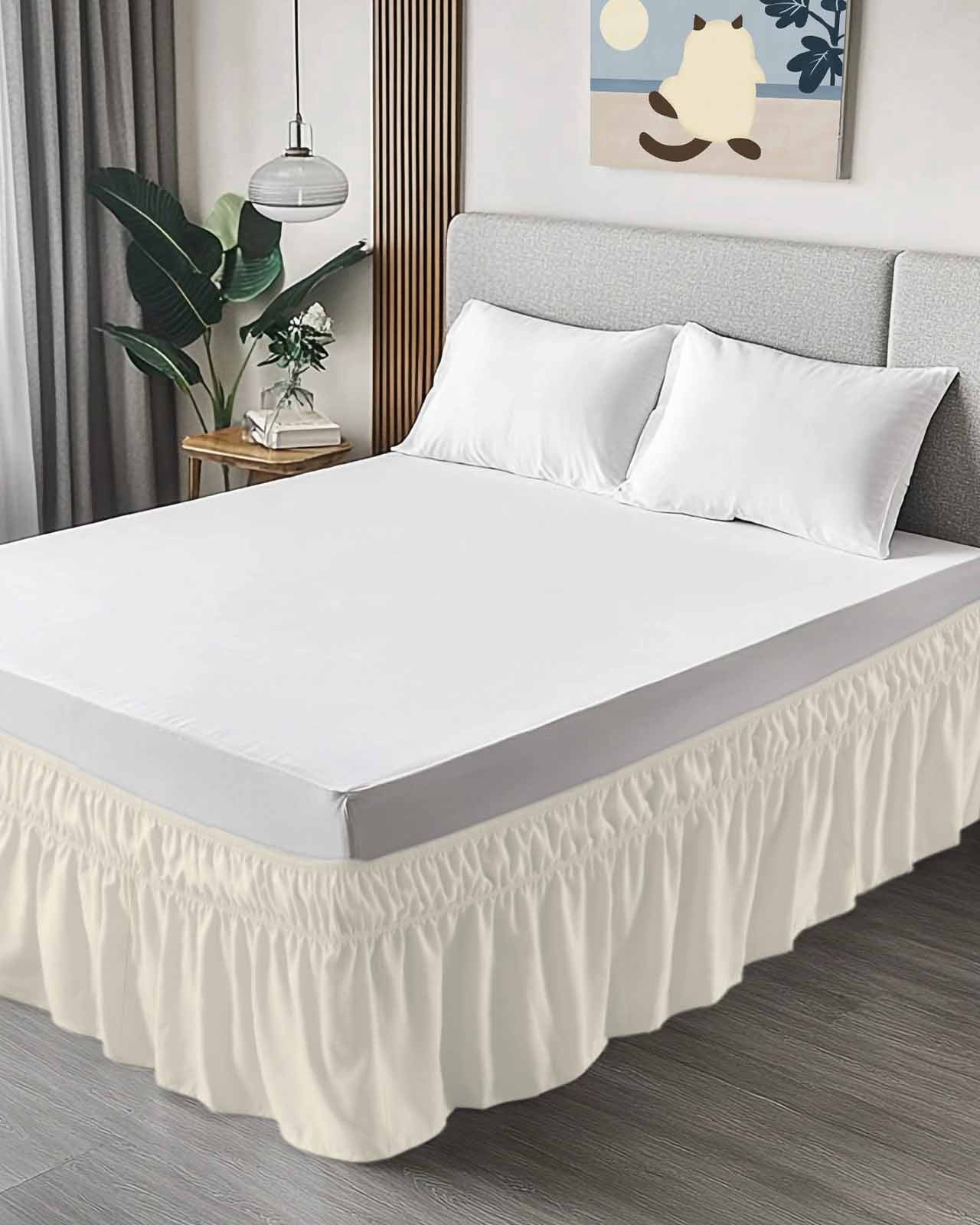 Cream Bed Skirt Cal King Size, Modern Pure Beige Wrap Around Bed Skirting with Adjustable Elastic Strap, Dust Ruffled Pleated Bedskirts 16 Inch Drop for Bedroom Cal King Beds