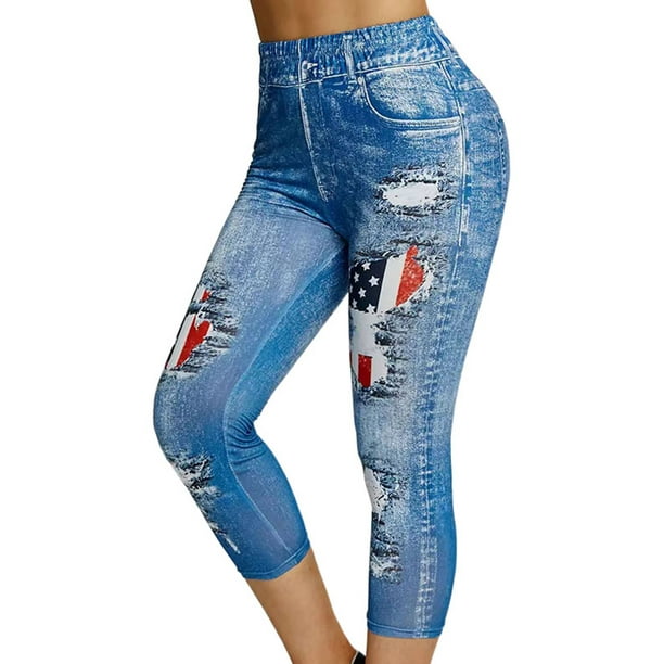 Bellella Women Fake Jeans High Waist Faux Denim Pant Elastic Waisted Capri  Leggings Stretch Tummy Control Pencil Pants Workout Trousers Blue C XS 