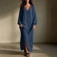 thumbnail image 4 of Edvintorg Women’S Dresses V Neck Long Sleeve Lightweight Cotton and Linen Loose Casual Dress Women Clothes S-2XL Navy, 4 of 7