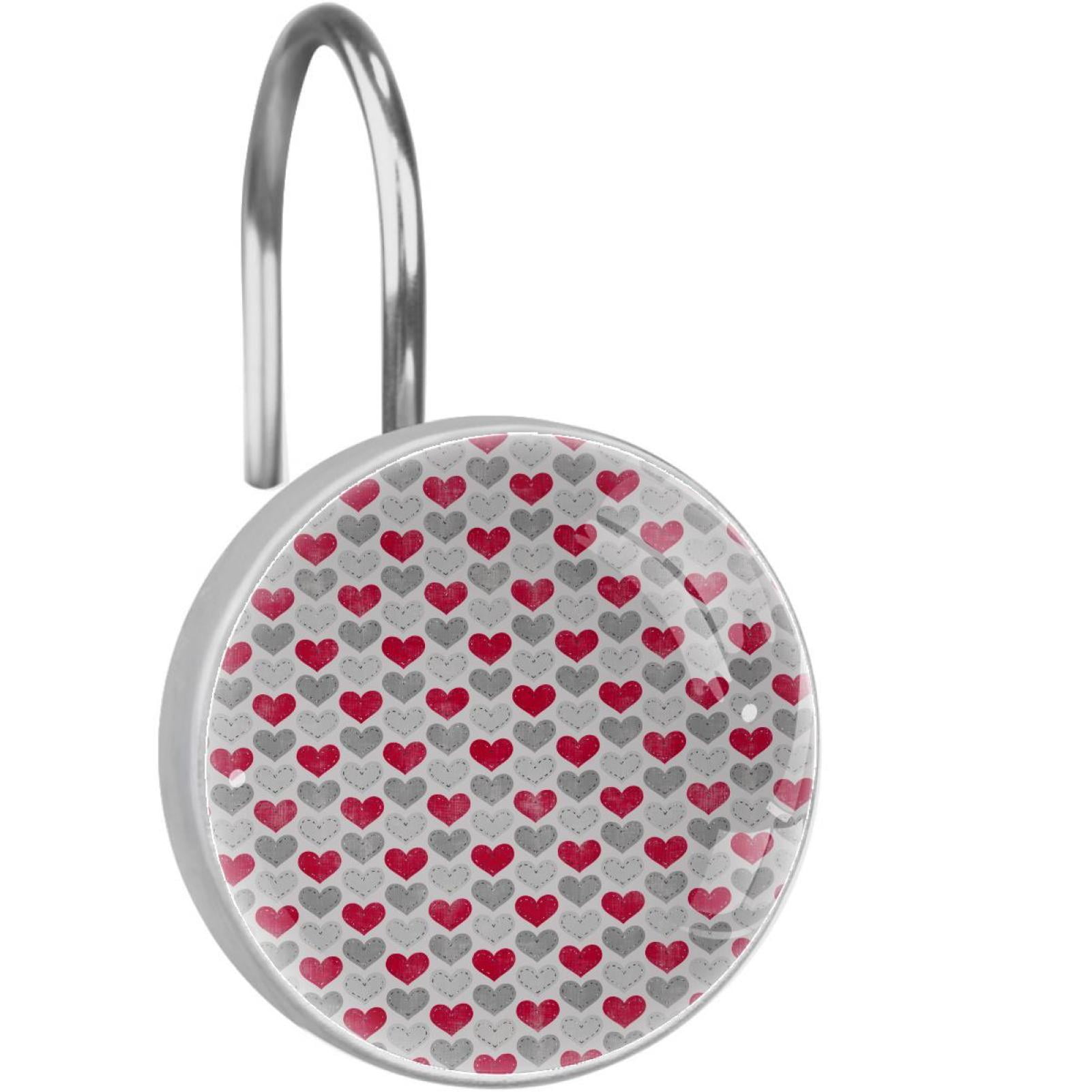 Red Grey Heart Shower Curtain Hooks（Set of 12）for Home Hotel Shower